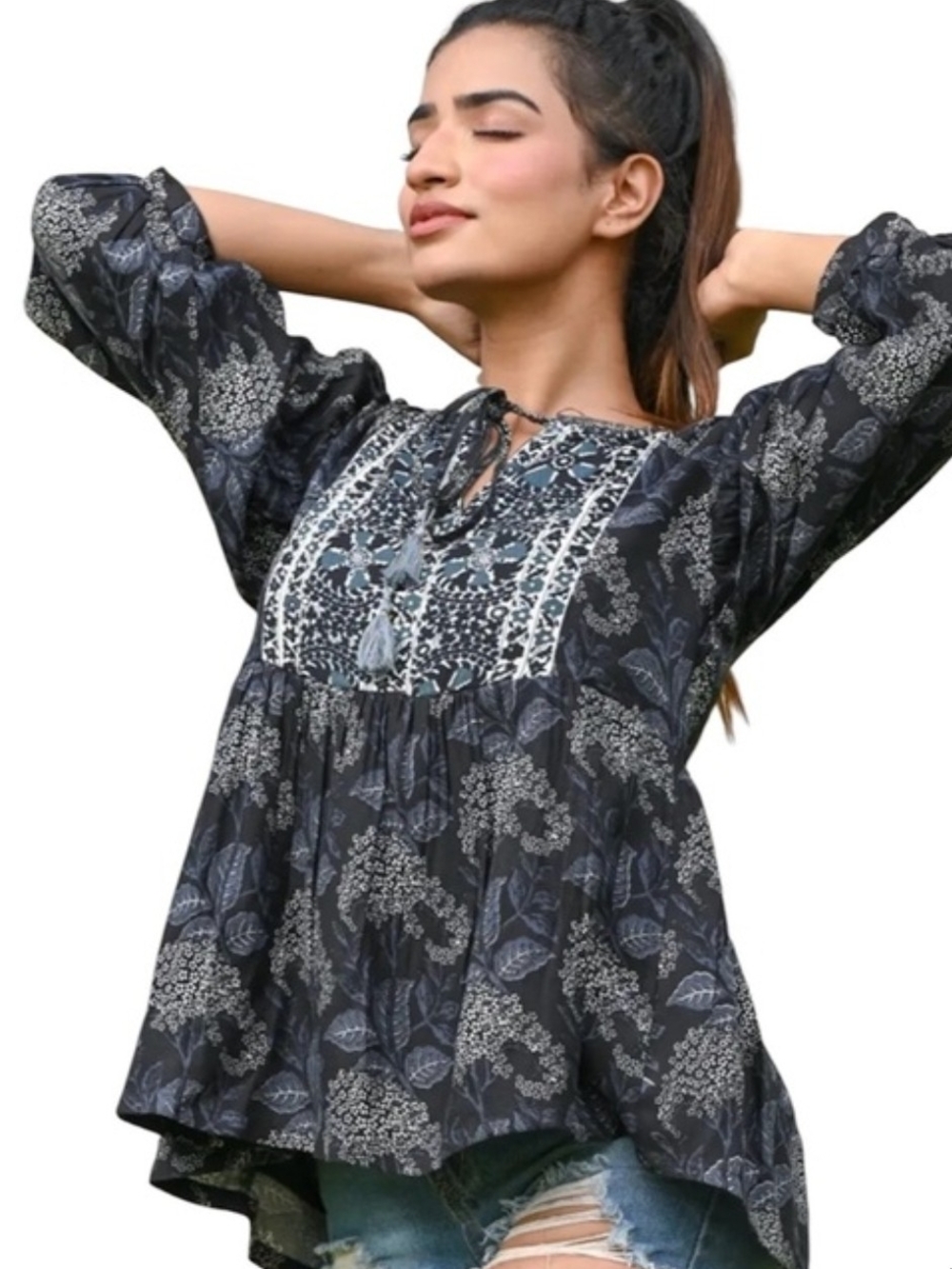 ba&sh Black Floral Tie-Neck Peasant Tunic